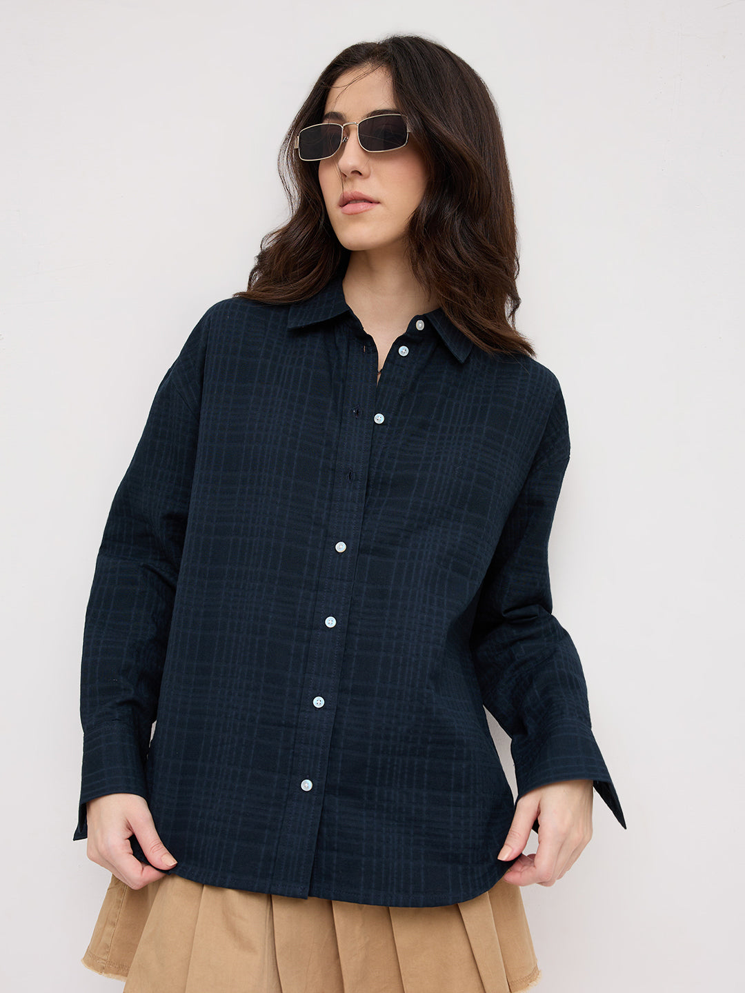 Teal Blue Block Embossed Textured Oversized Shirt
