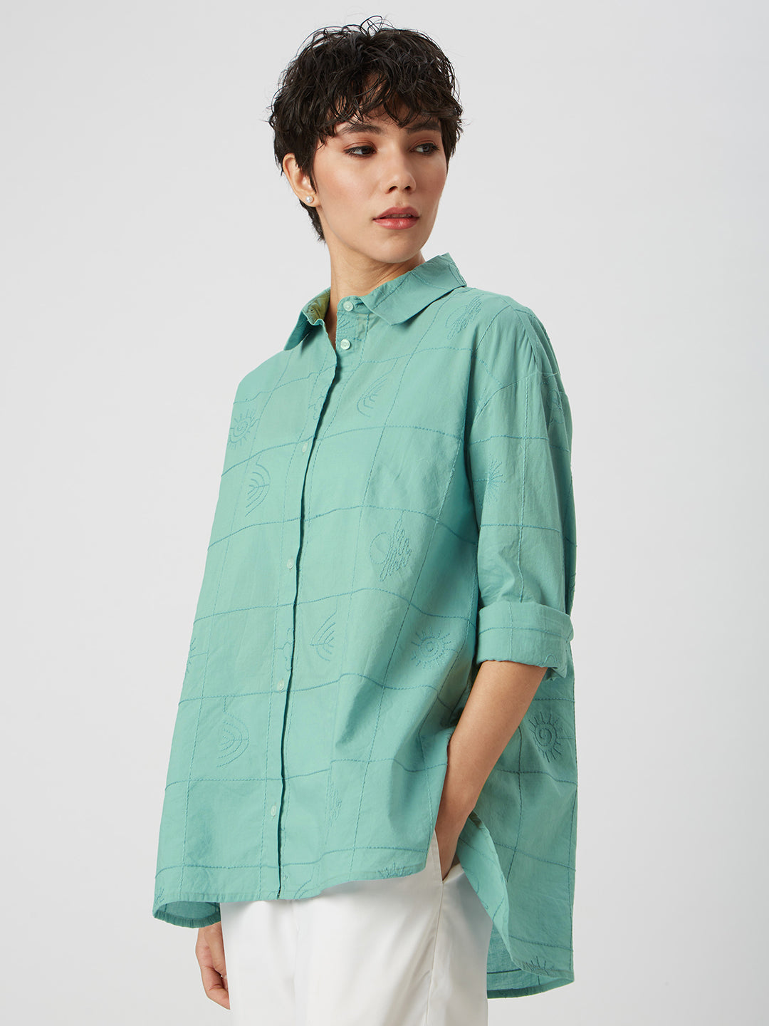 Turquoise Embroidered Oversized Shirt