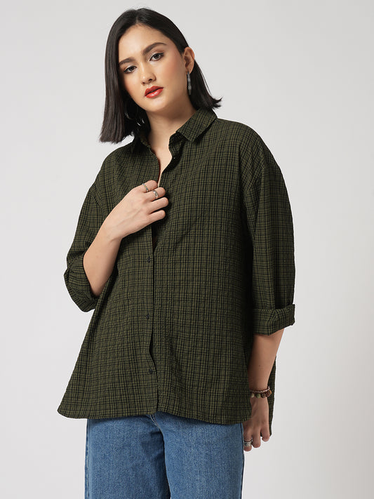 Reseda Green Vintage Mini Checks Oversized Shirt