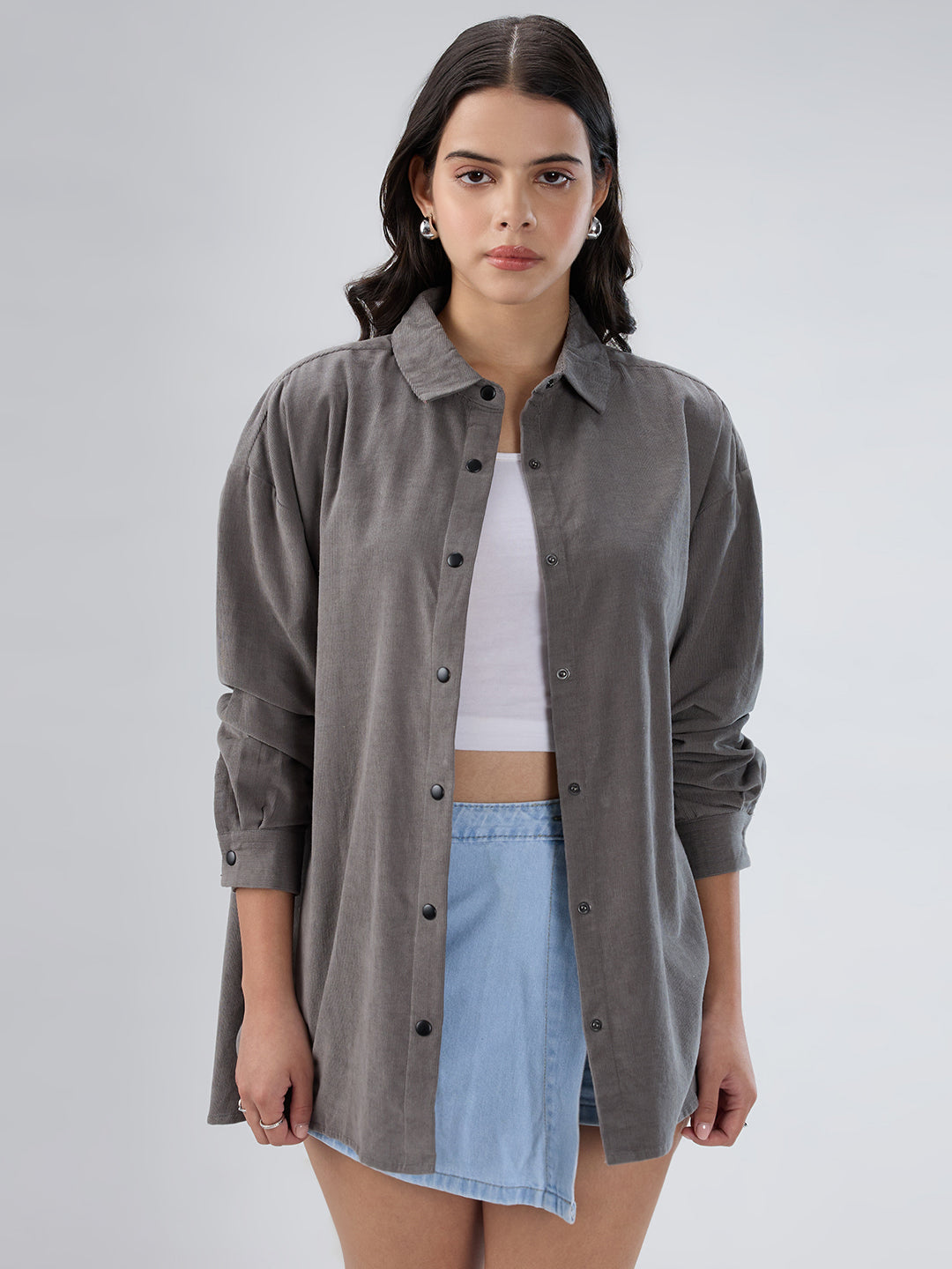 Solid Slate Grey Corduroy Oversized Shirt