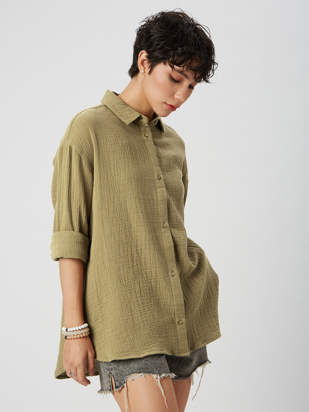 French Beige Solid Double Cloth Oversized Shirt
