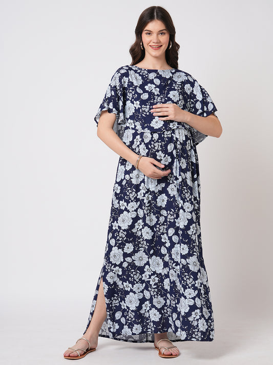 Chic Navy Blossom Printed Comfy Maternity Dress