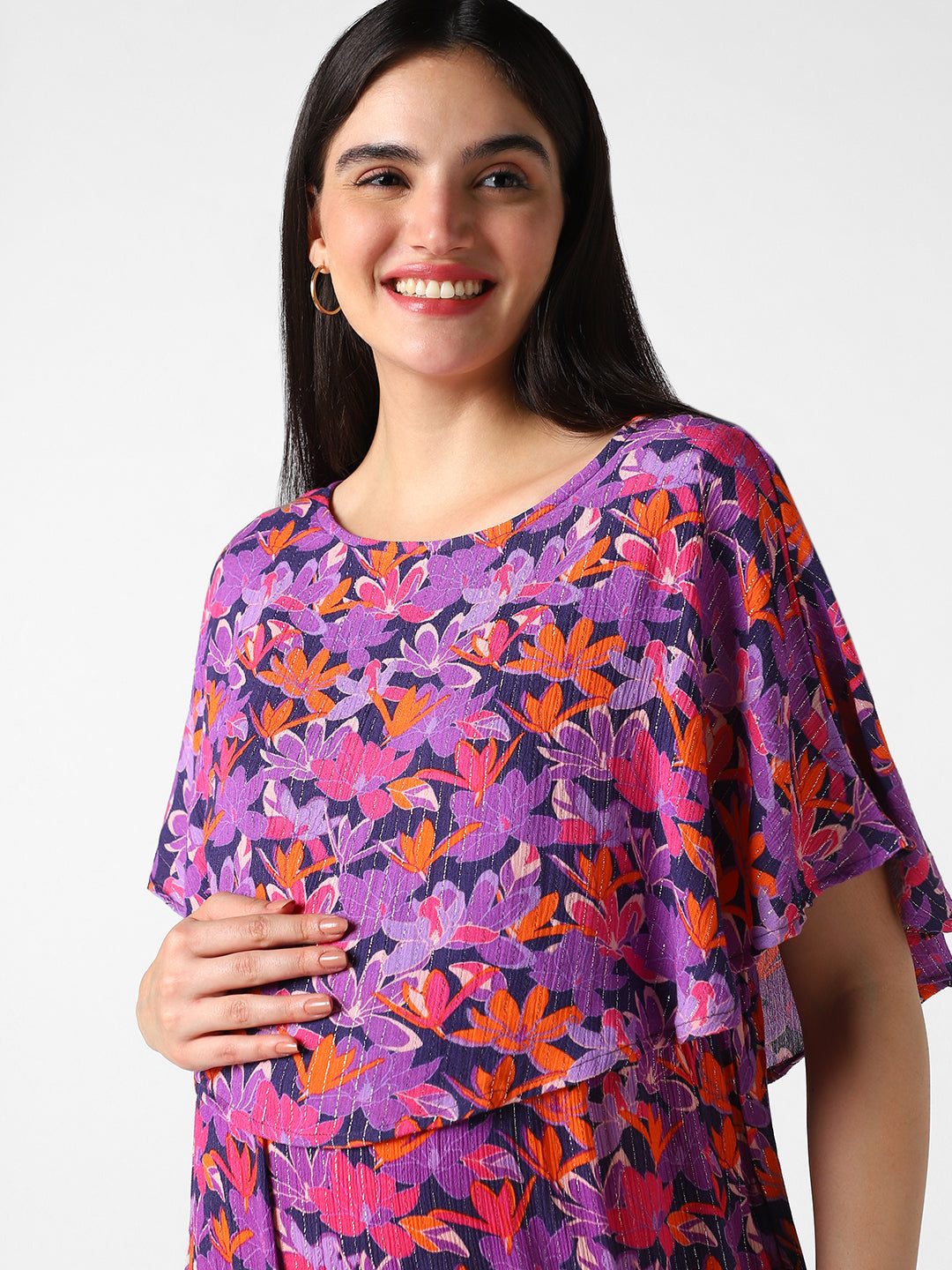 Multicolor Crinkled Floral Maternity Dress