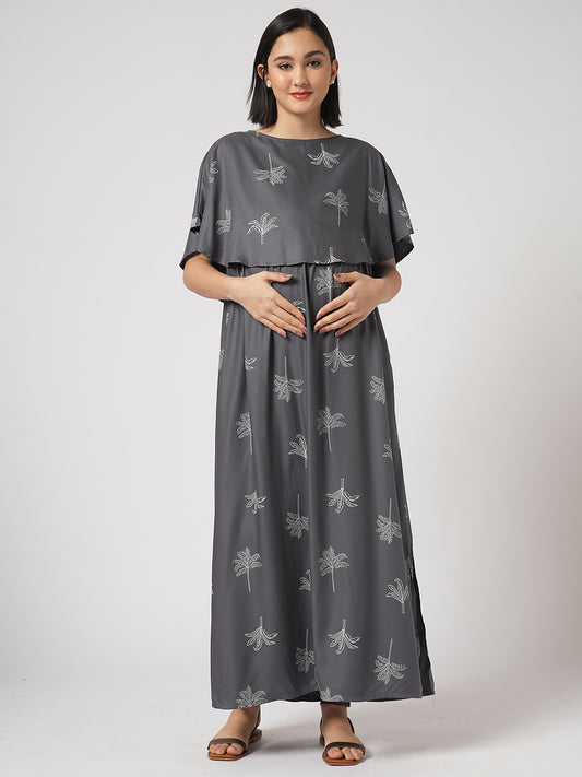 Slate Grey Palm Tree Printed Maternity Dress