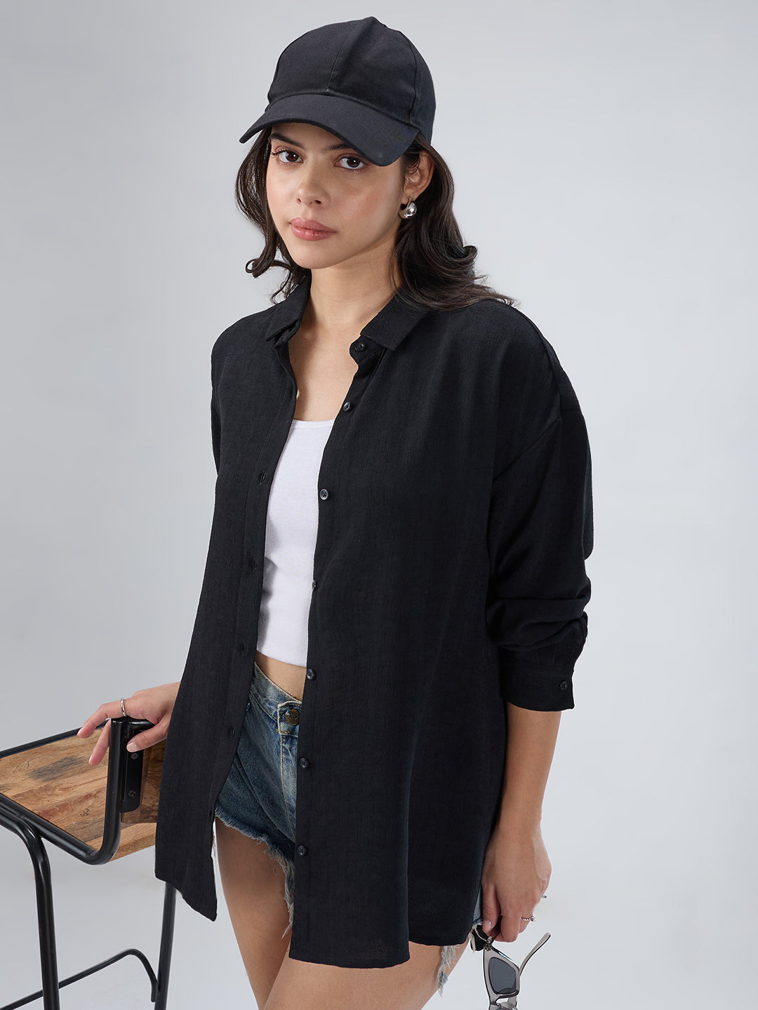Classy Black Textured Oversized Shirt