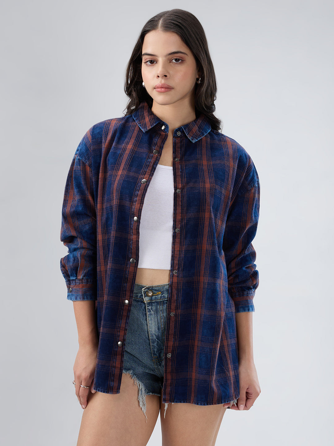 Navy & Brown Checkered Corduroy Oversized Shirt
