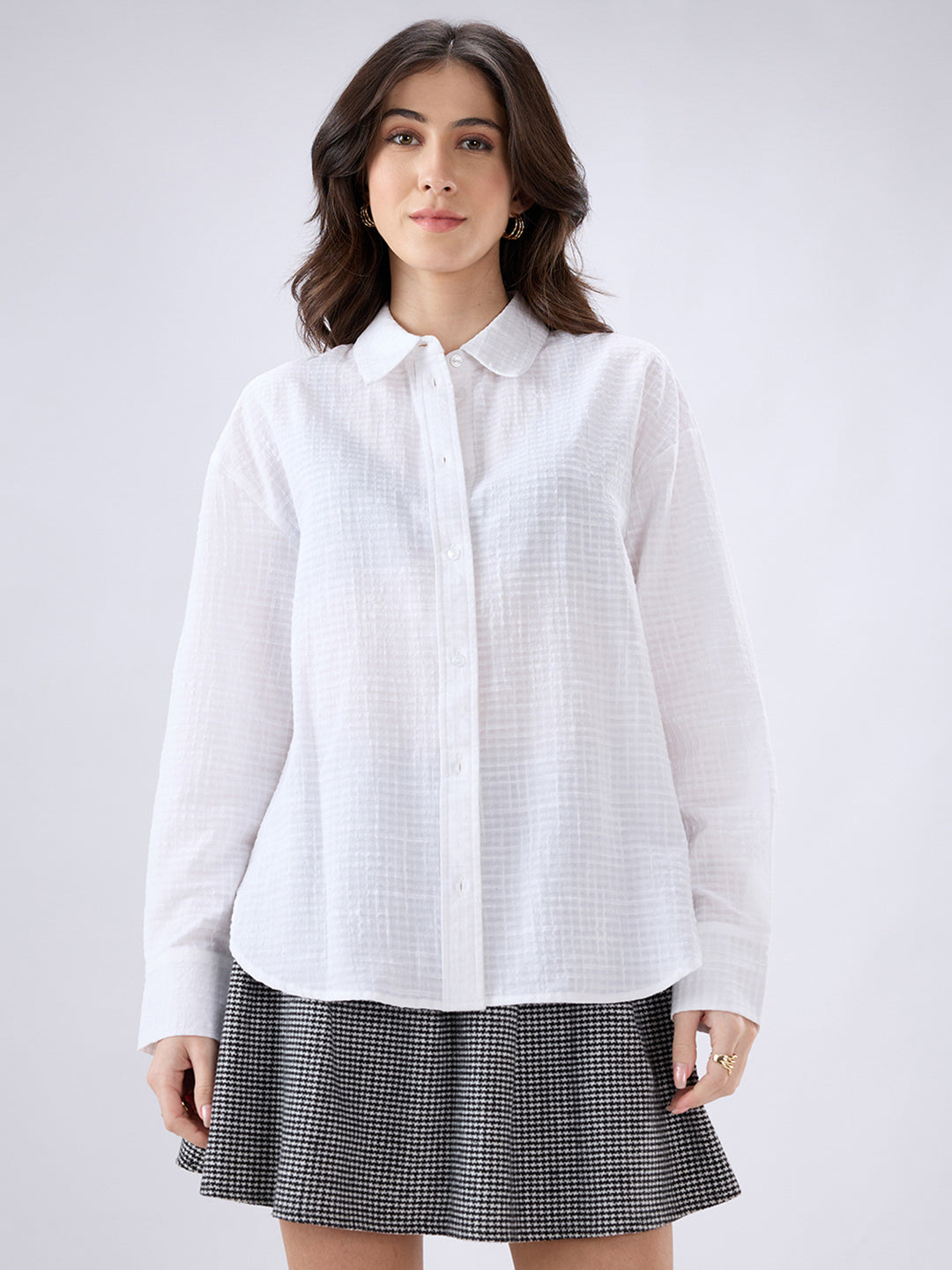 White Seersucker Textured Oversized Shirt