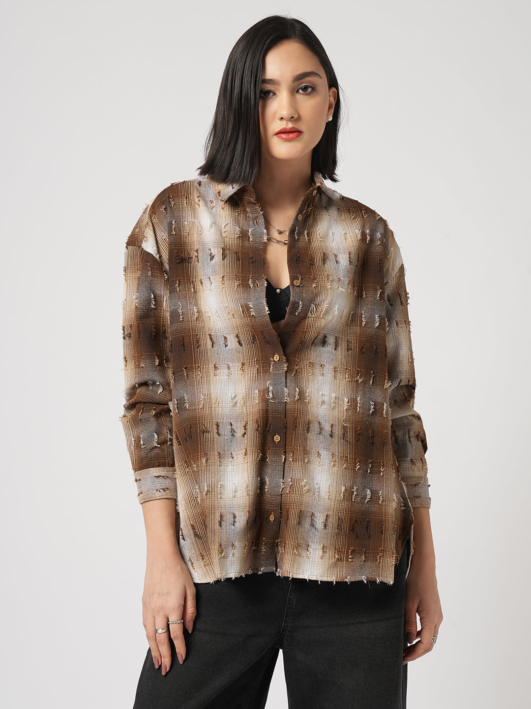 Brown & Beige Self Design Frayed Oversized Shirt