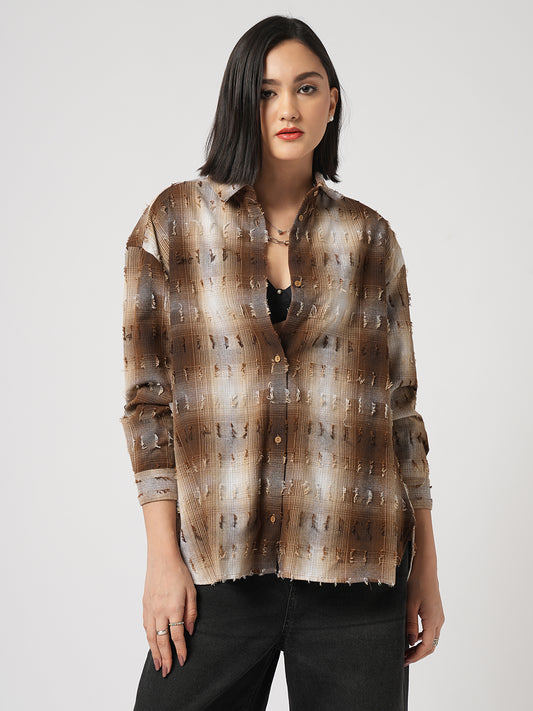 Brown & Beige Self Design Frayed Oversized Shirt