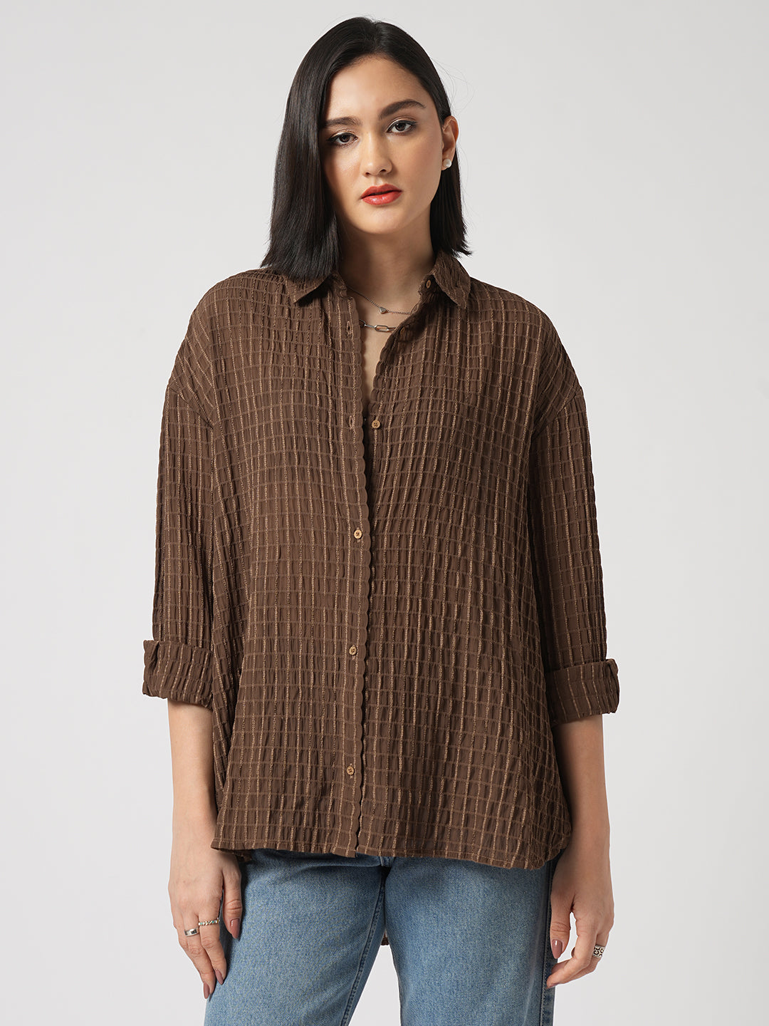 Chamoisee Brown Matrix Checks Oversized Shirt