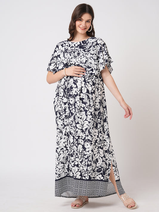 Monochrome Bloom Printed Maternity Dress
