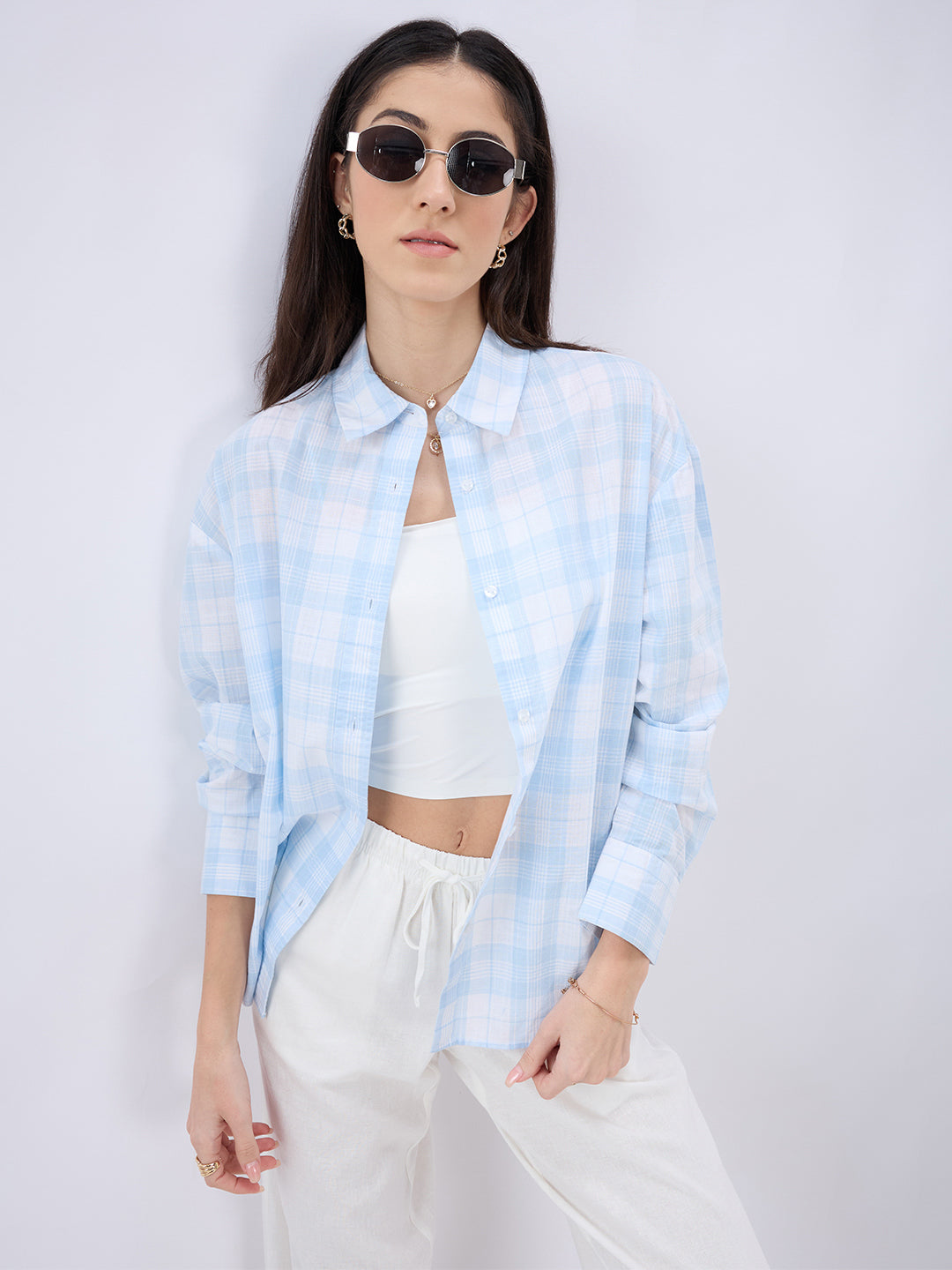 Soft Sky Blue Tartan Checked Oversized Shirt