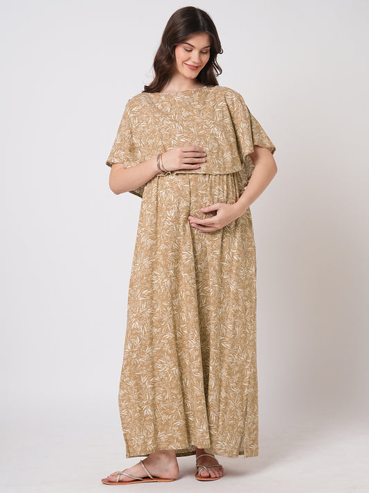 Tawny Brown Leafy Printed Maternity Dress