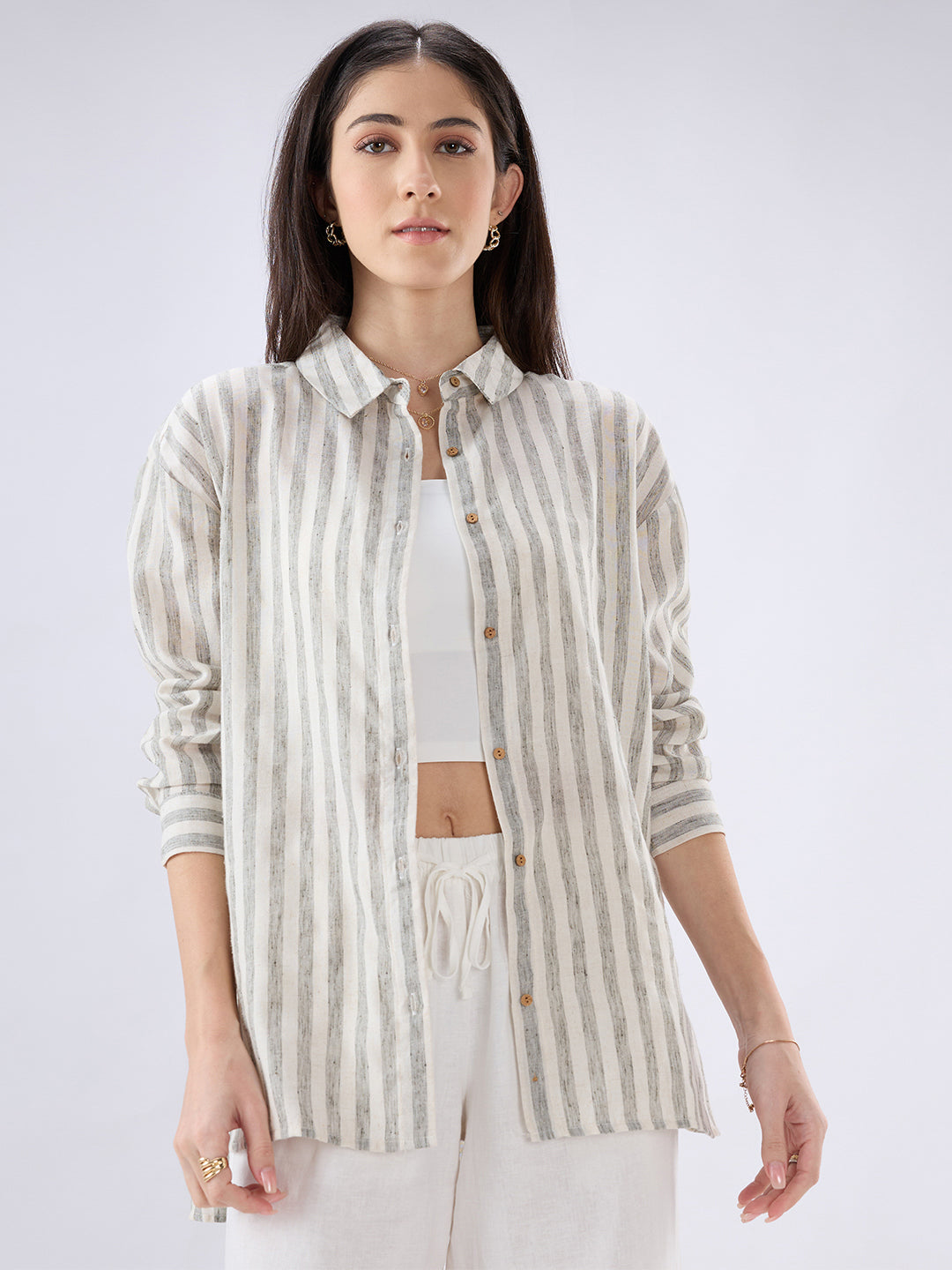 White & Blue Balanced Striped Linen Blend Oversized Shirt