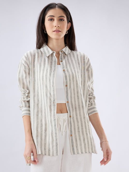 White & Blue Balanced Striped Linen Blend Oversized Shirt