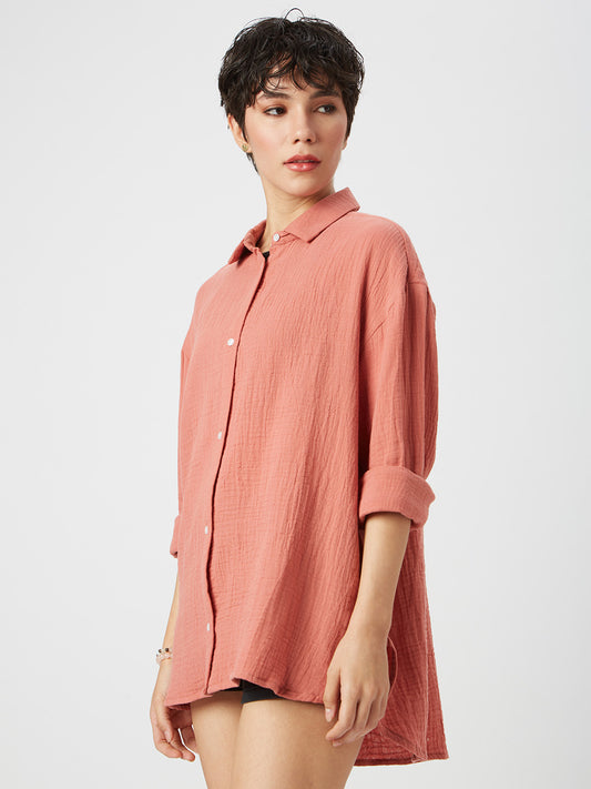 Solid Coral Double Cloth Oversized Shirt