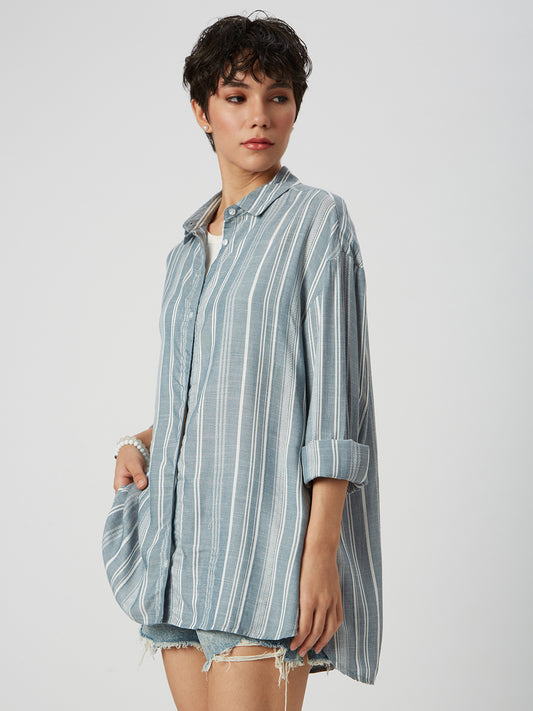 Blue & White Dobby Striped Oversized Shirt