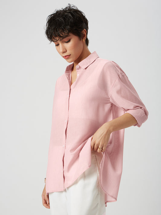 Glittery Baby Pink Crinkled Oversized Shirt