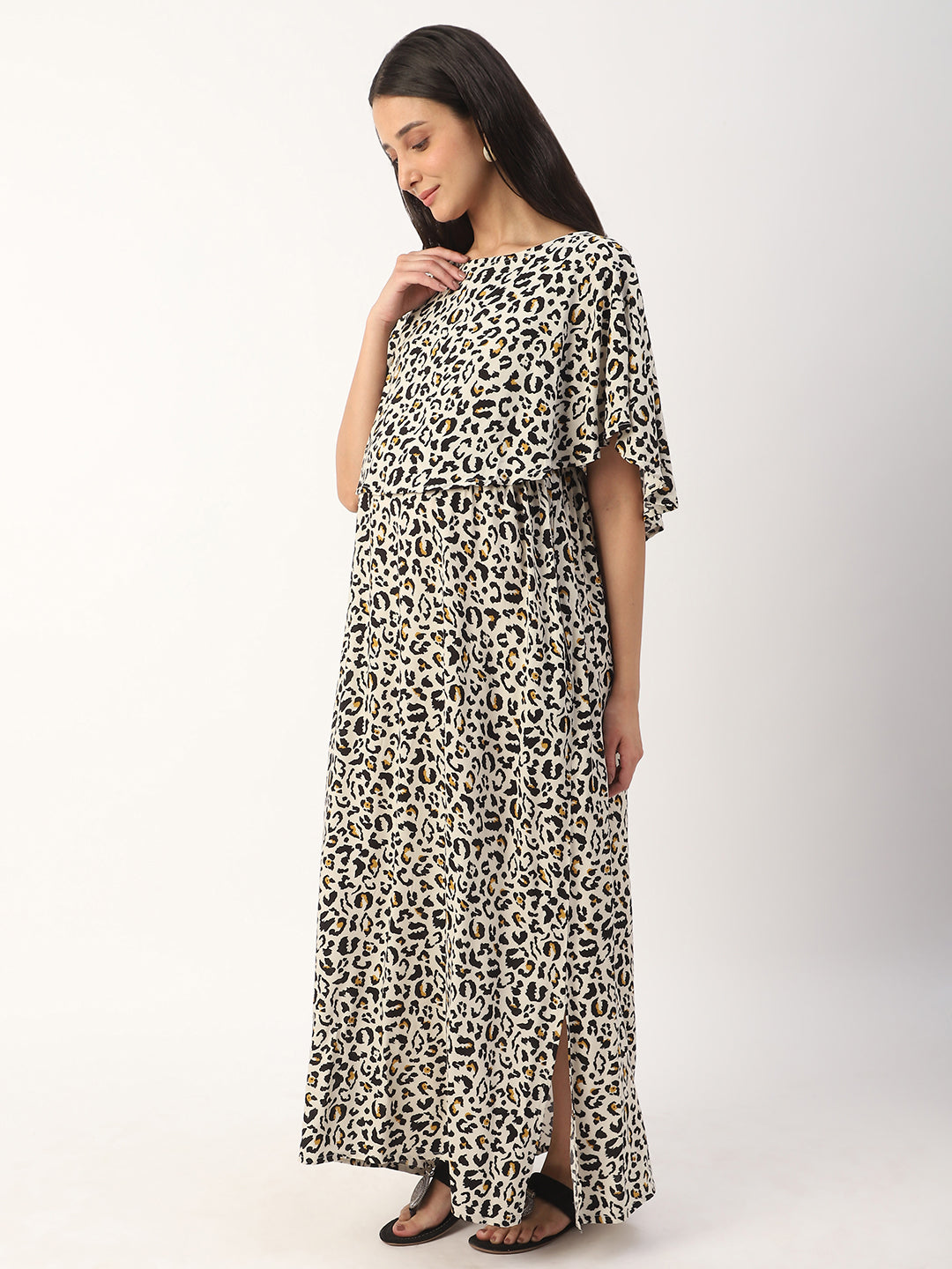 Beige Leopard Printed Comfy Maternity Dress