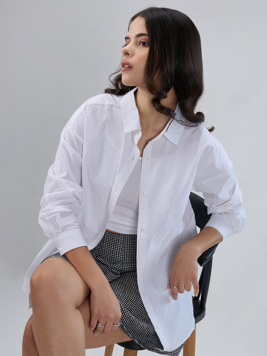 White & Lilac Pin Striped Seersucker Oversized Shirt