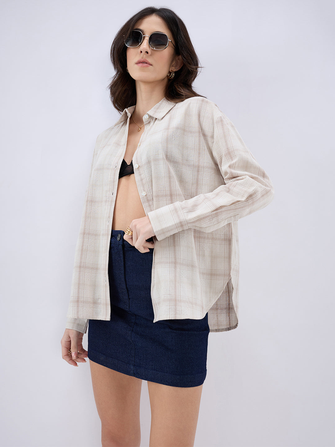 Grey Tartan Checked Jacquard Oversized Shirt