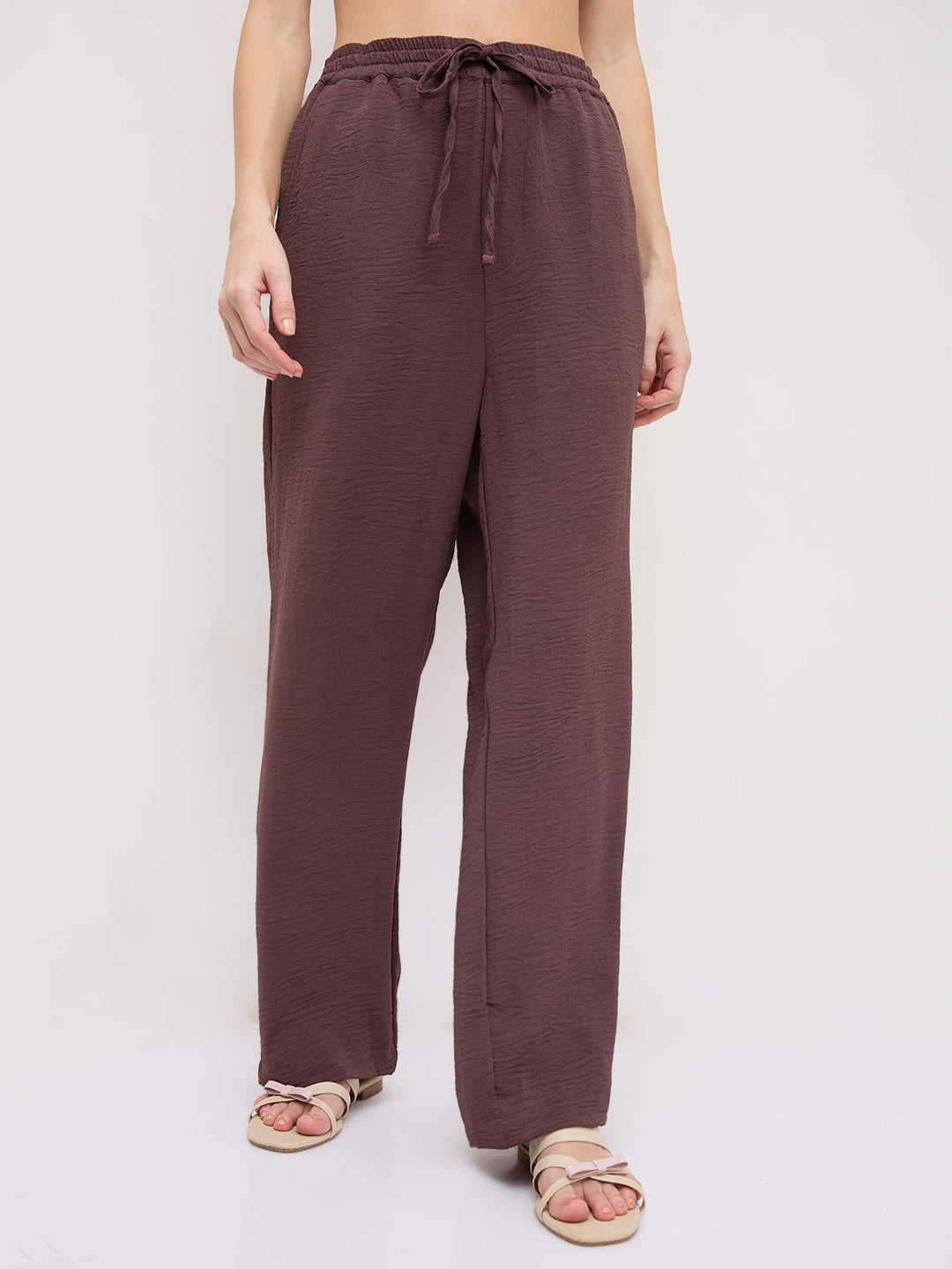 Luxe Warm Brown Crinkled Straight Fit Trousers