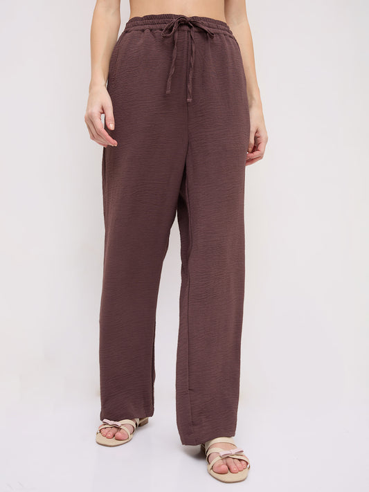 Luxe Warm Brown Crinkled Straight Fit Trousers