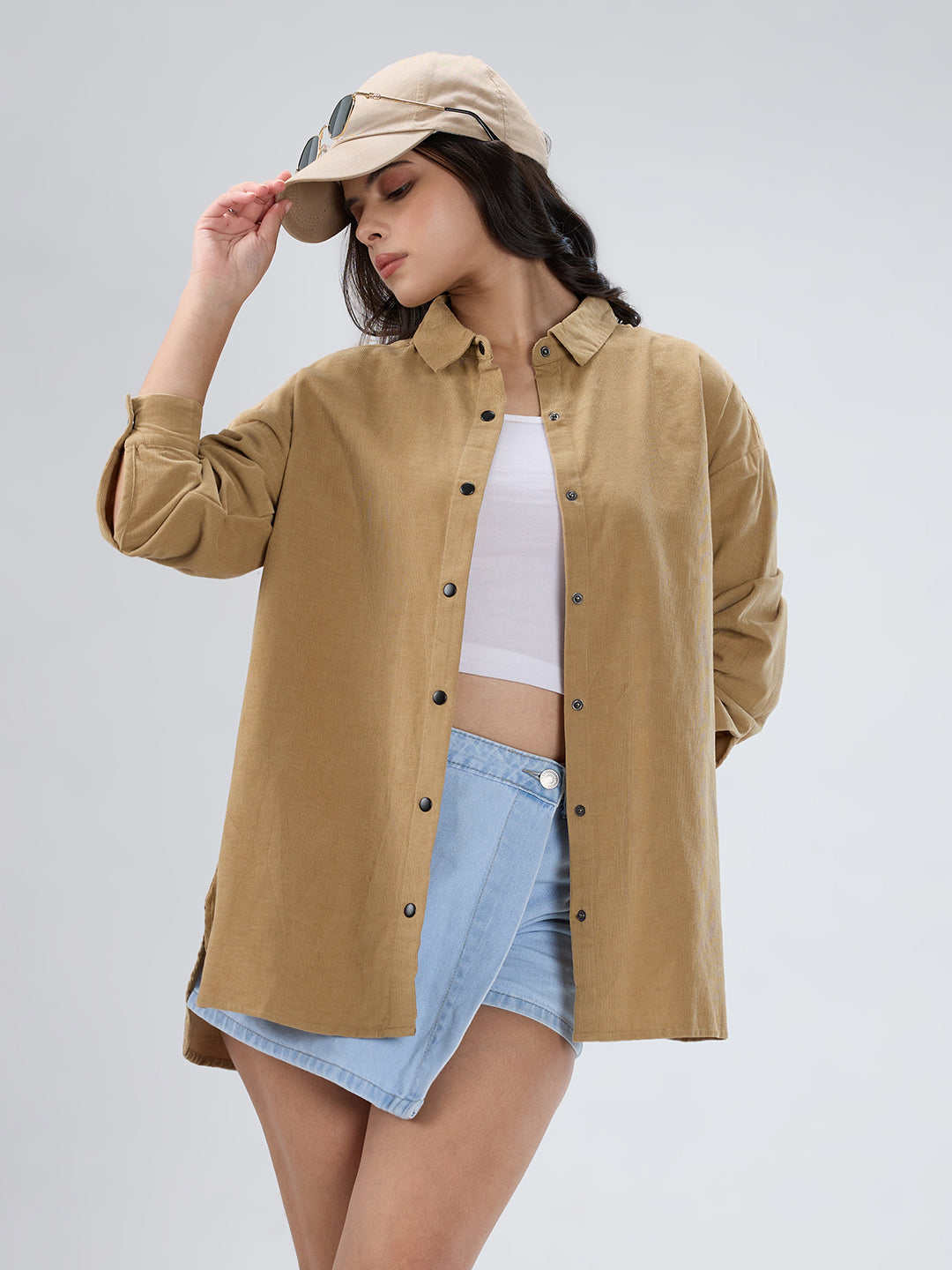 Solid Tan Beige Corduroy Oversized Shirt