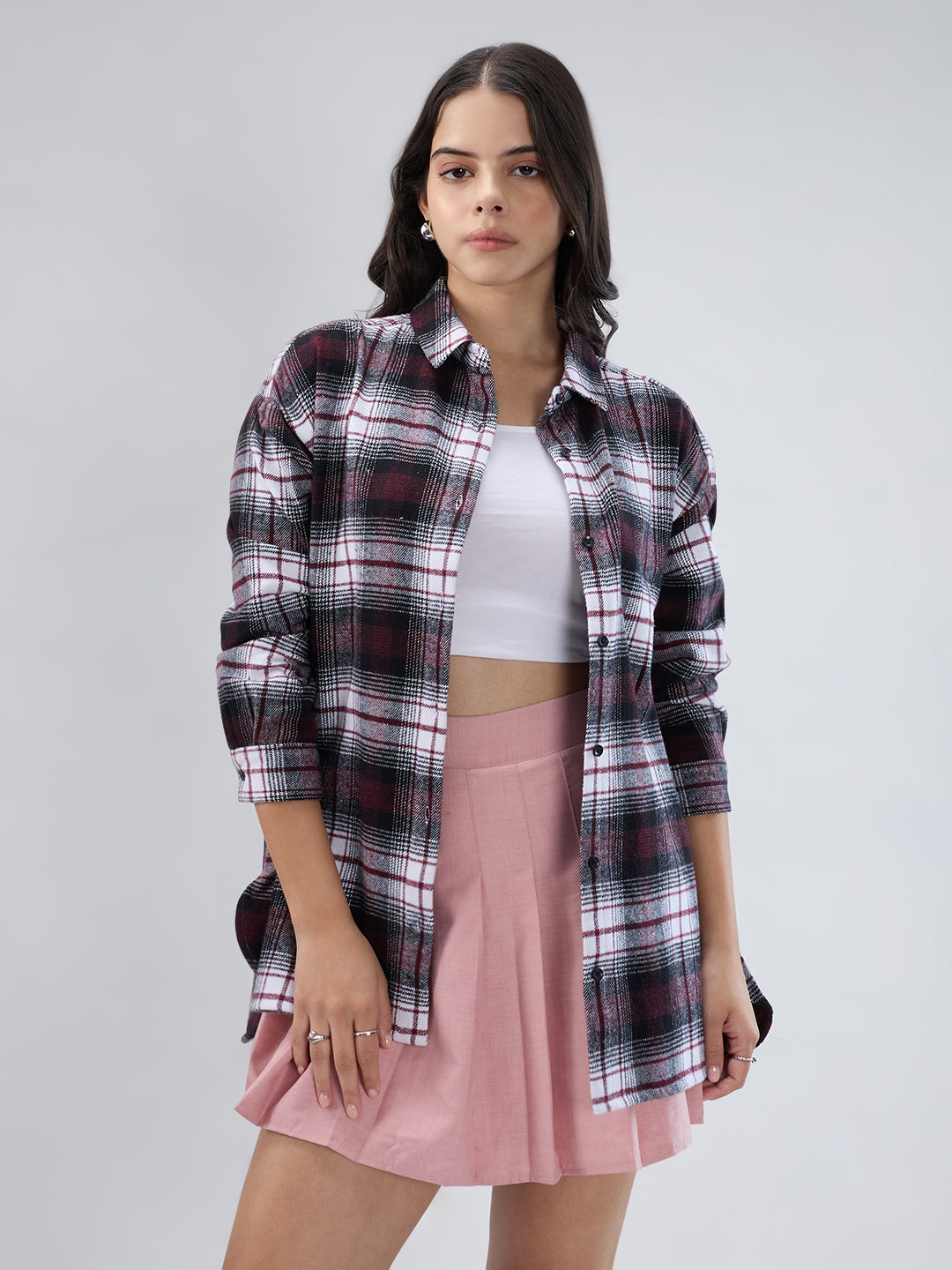 Maroon & White Checked Oversized Flannel Shirt