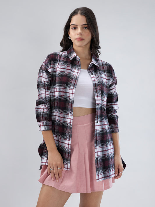 Maroon & White Checked Oversized Flannel Shirt