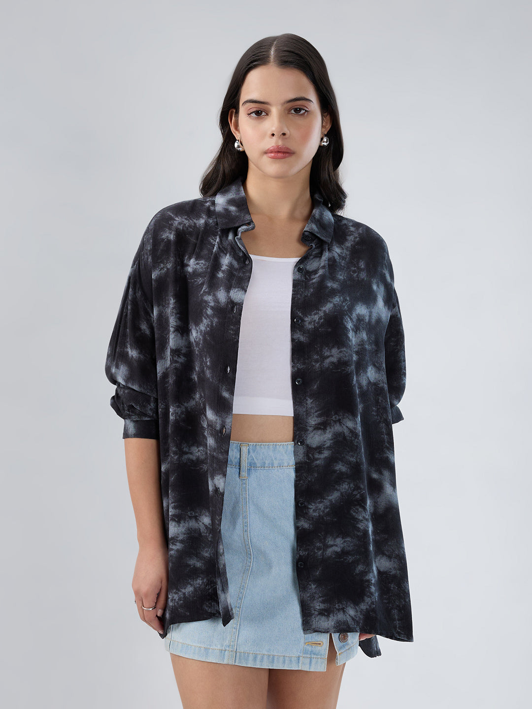Black & Grey Tie- Dye Oversized Crepe Shirt