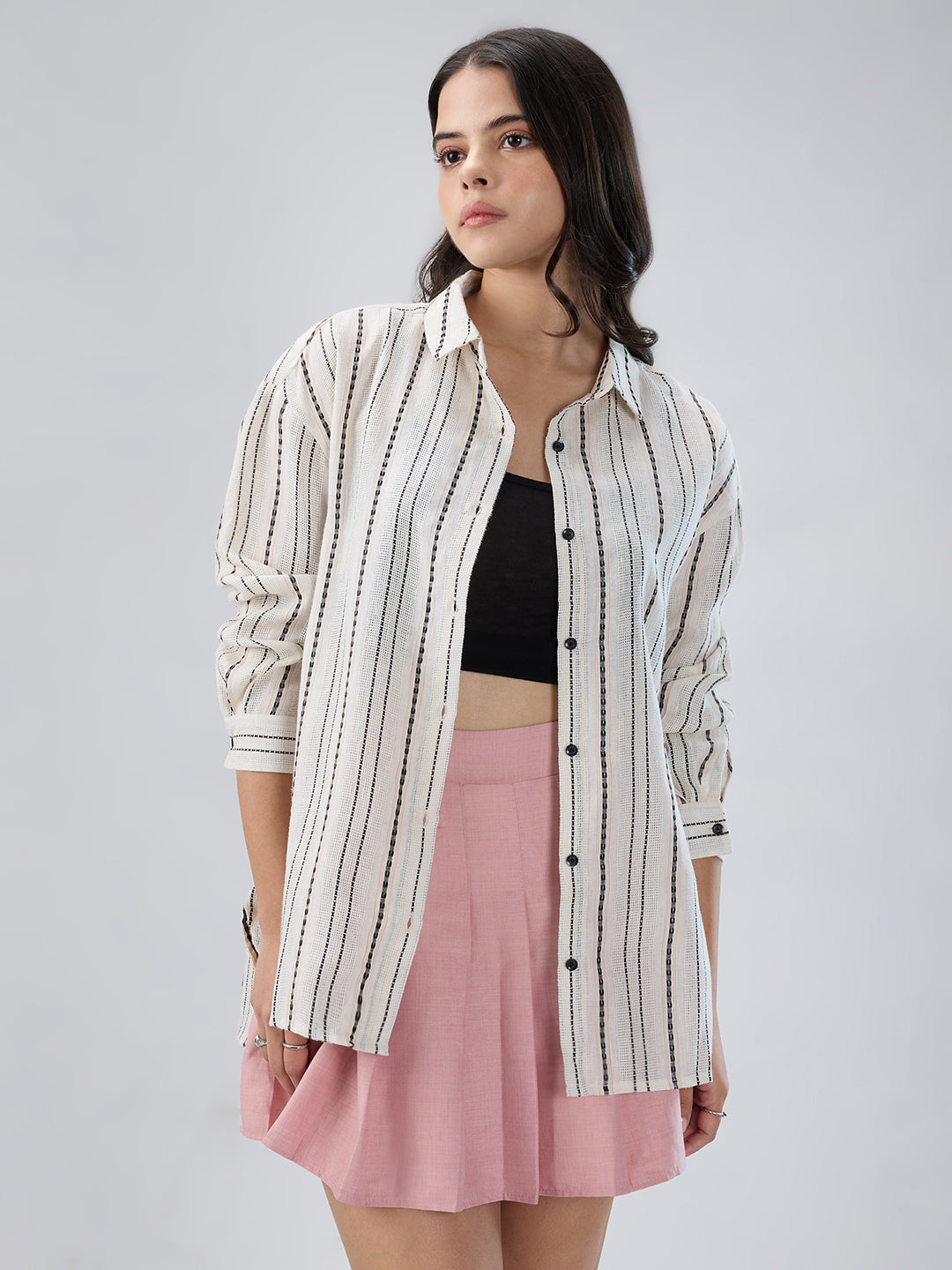 Burlap Ivory Vertical Striped Dobby Oversized Shirt