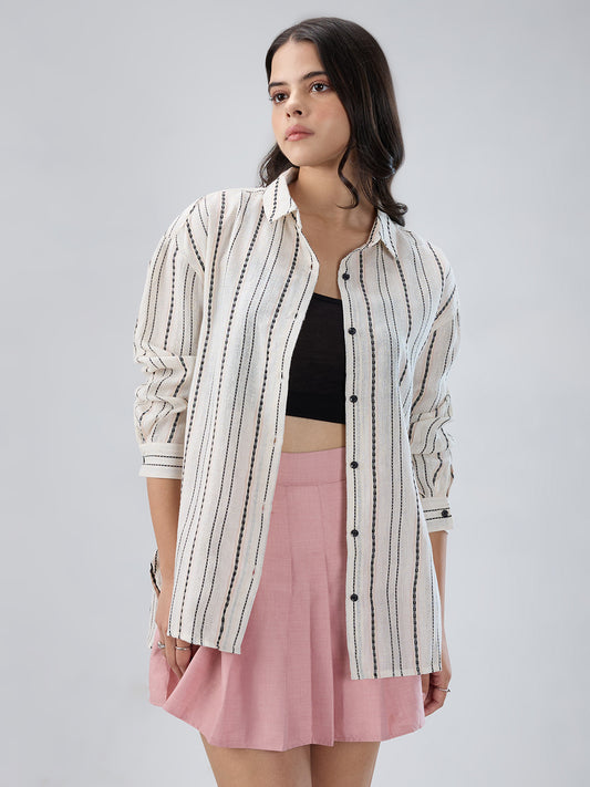 Burlap Ivory Vertical Striped Dobby Oversized Shirt