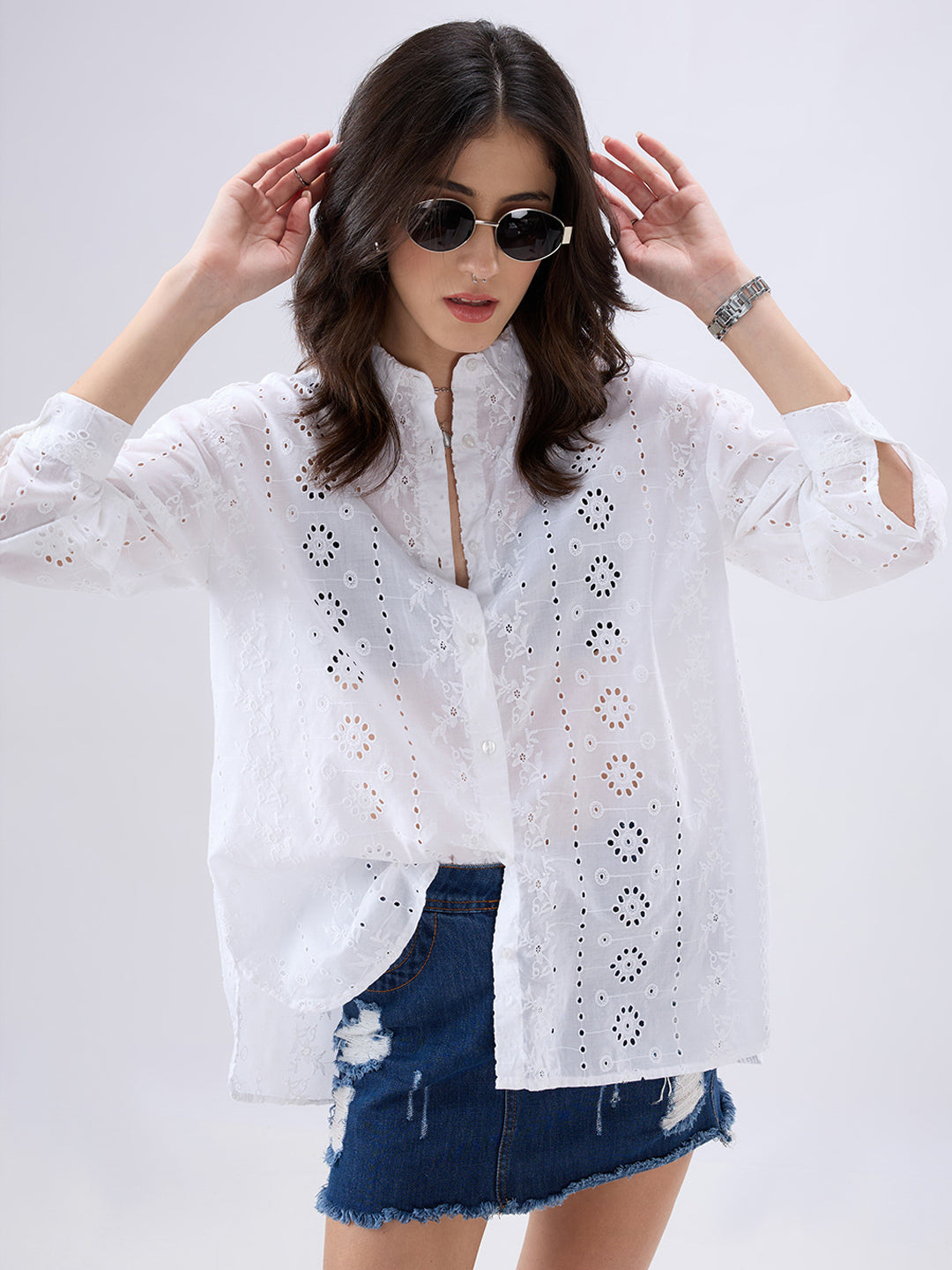 White Schiffli Oversized Shirt