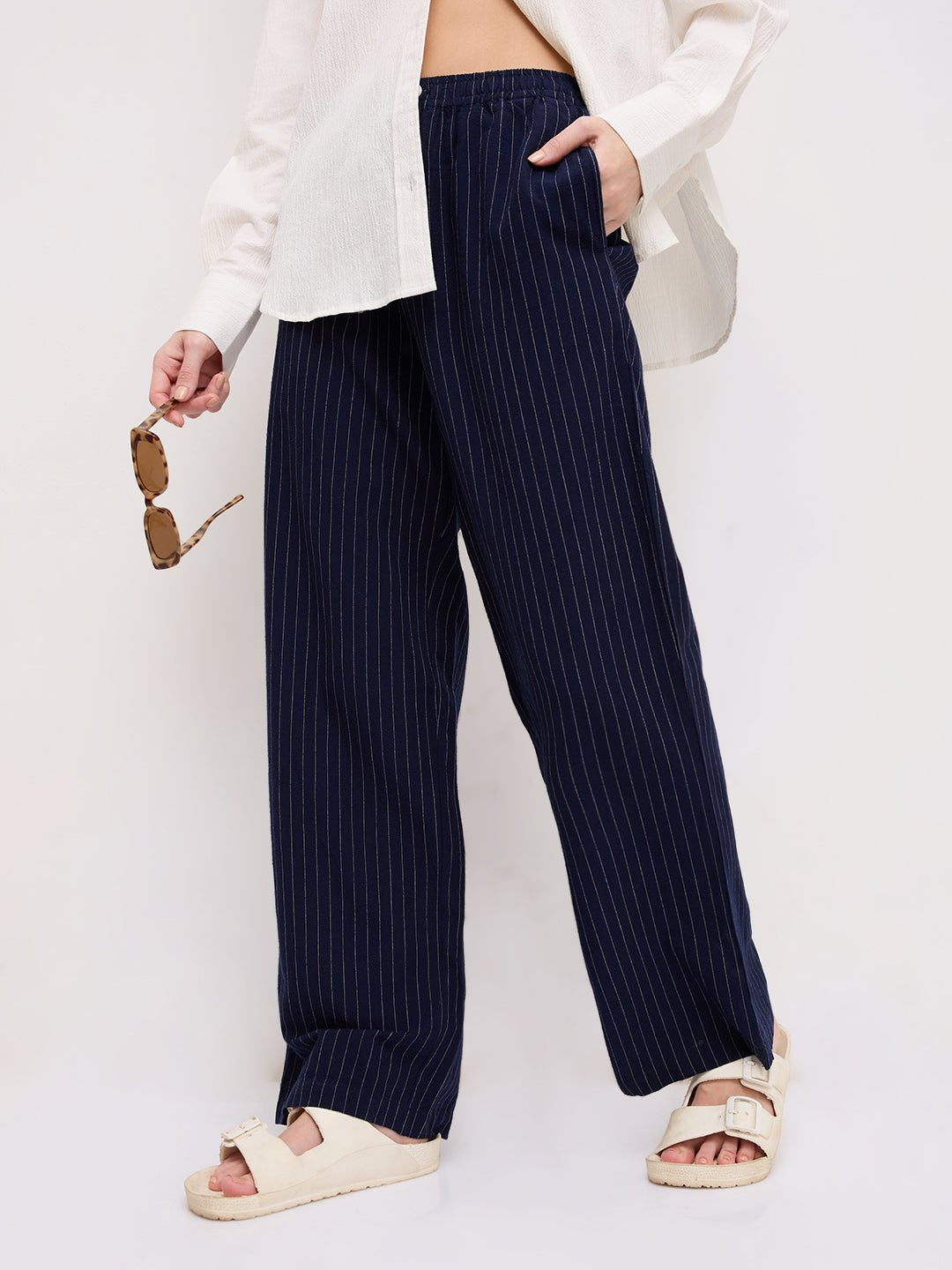 Deep Navy Pin Stripe Wide Leg Trousers