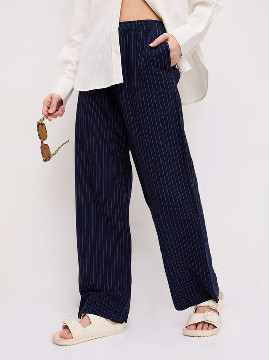 Deep Navy Pin Stripe Wide Leg Trousers