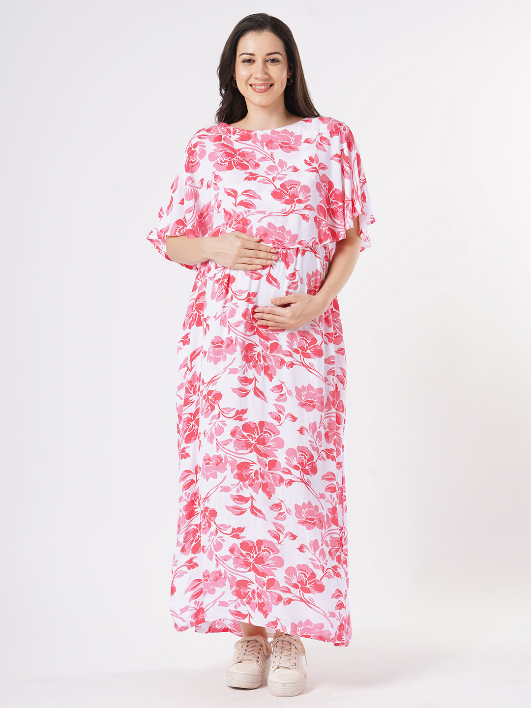 White & Pink Serene Floral Printed Maternity Crepe Dress