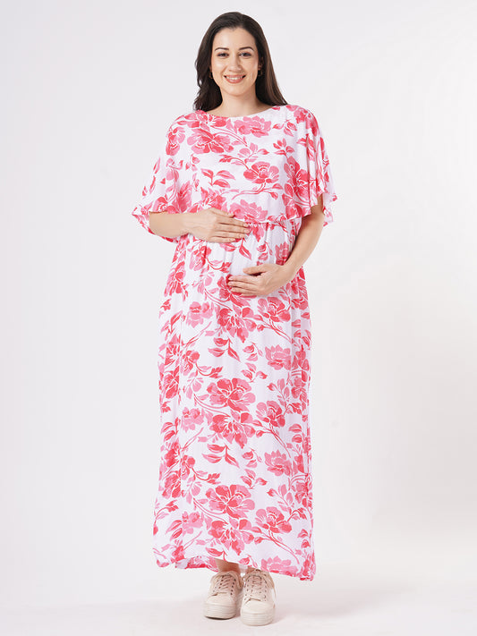 White & Pink Serene Floral Printed Maternity Crepe Dress