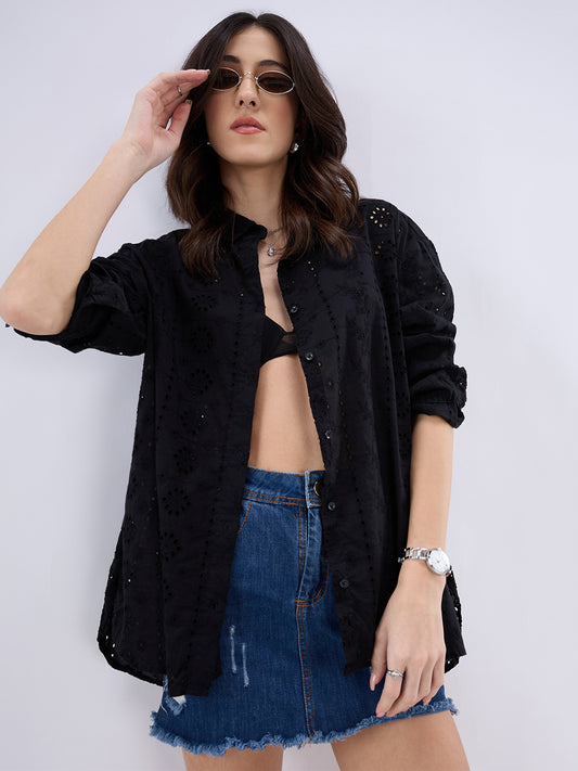 Black Schiffli Oversized Shirt