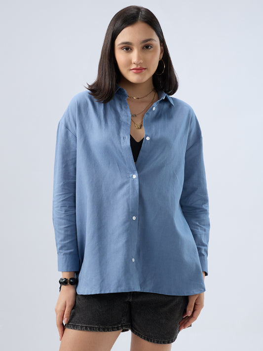 Steel Blue Linen Oversized Shirt