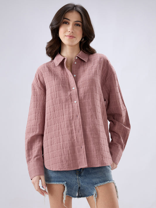 Dusty Pink Seersucker Checks DoubleCloth Oversized Shirt