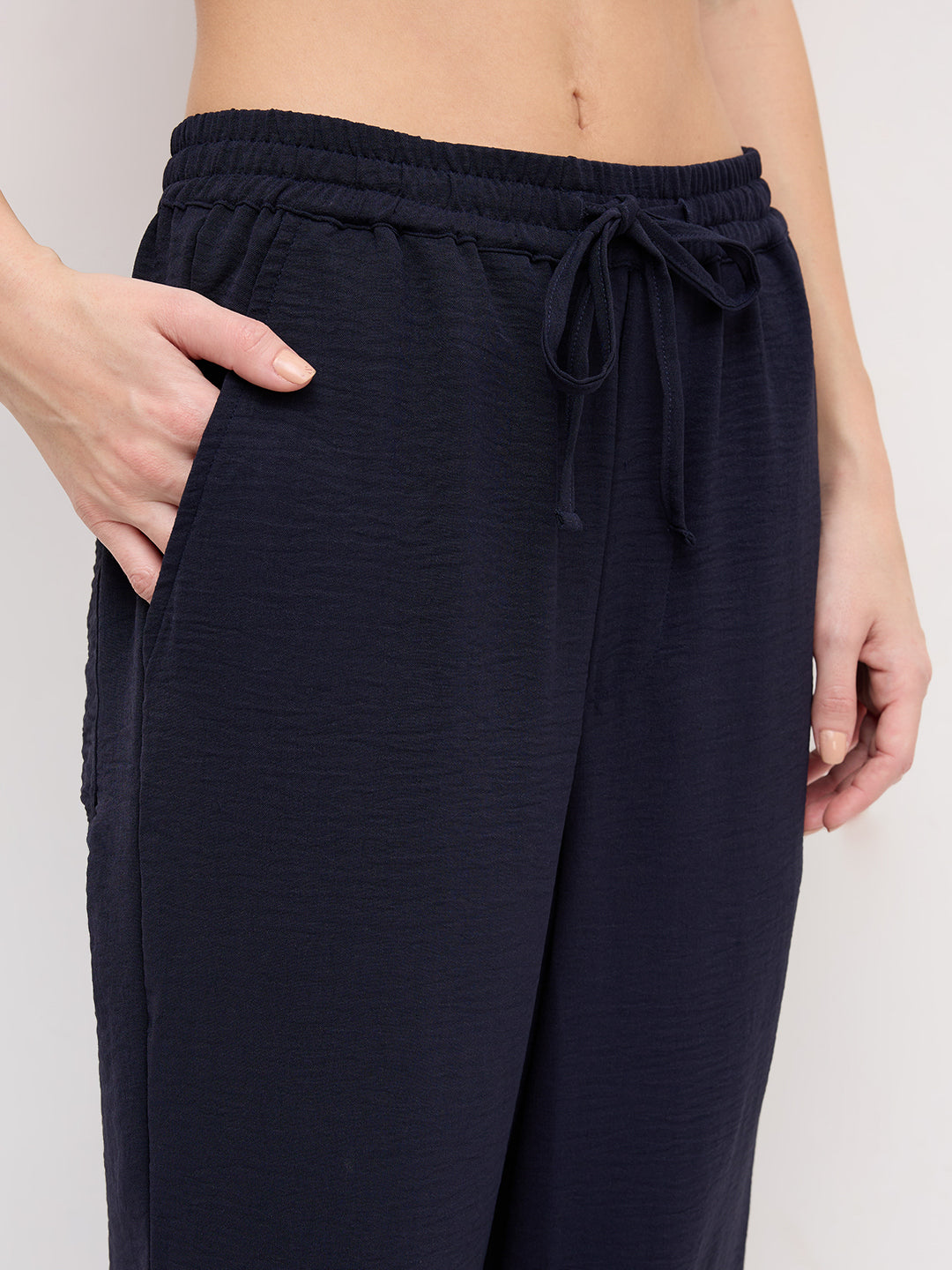 Luxe Midnight Navy Crinkled Straight Fit Trousers