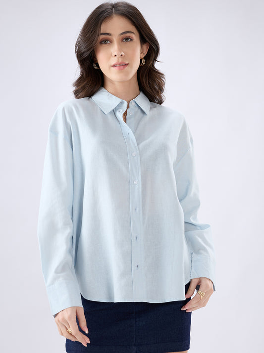 Sea Blue Linen Blend Oversized Shirt