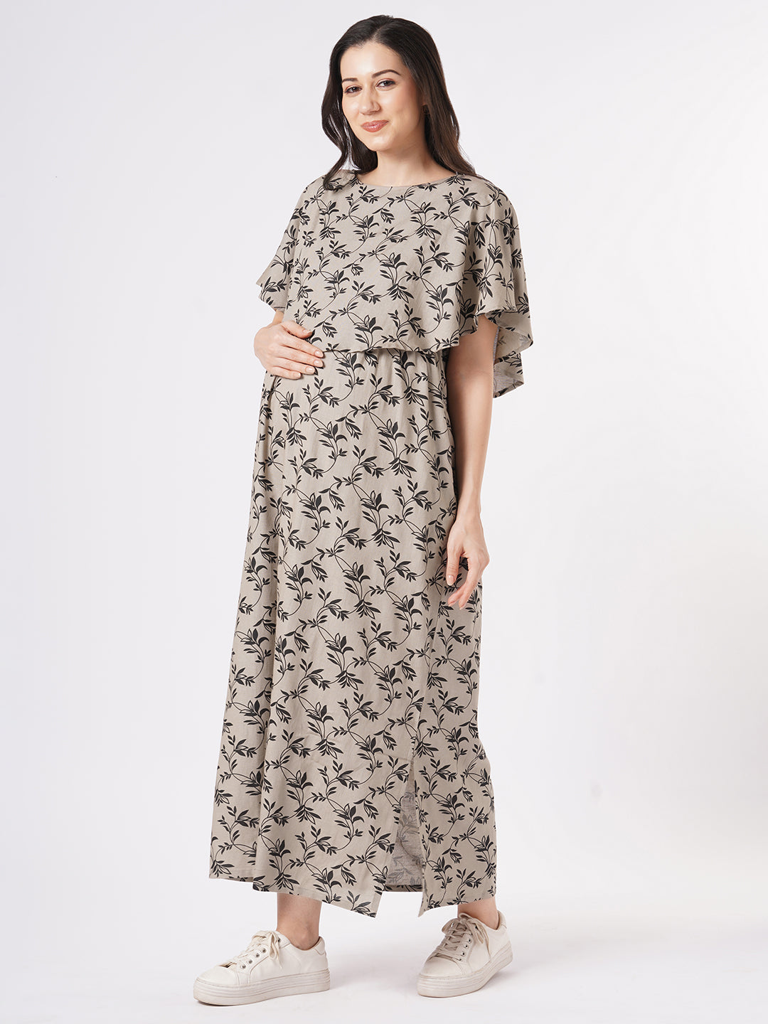 Taupe Leafy Printed Comfy Maternity Dress