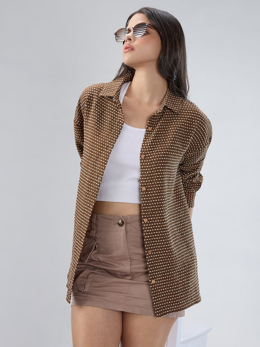 Brunette Brown & Beige Dotted Jacquard Oversized Shirt