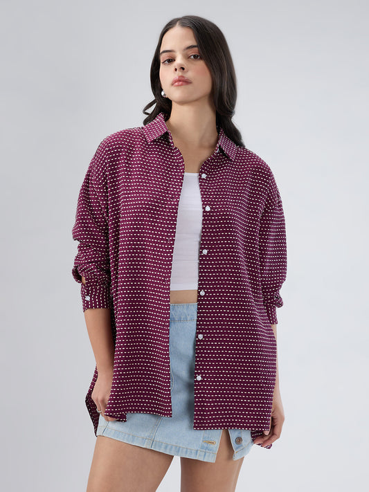Maroon Dotted Drama Jacquard Oversized Shirt