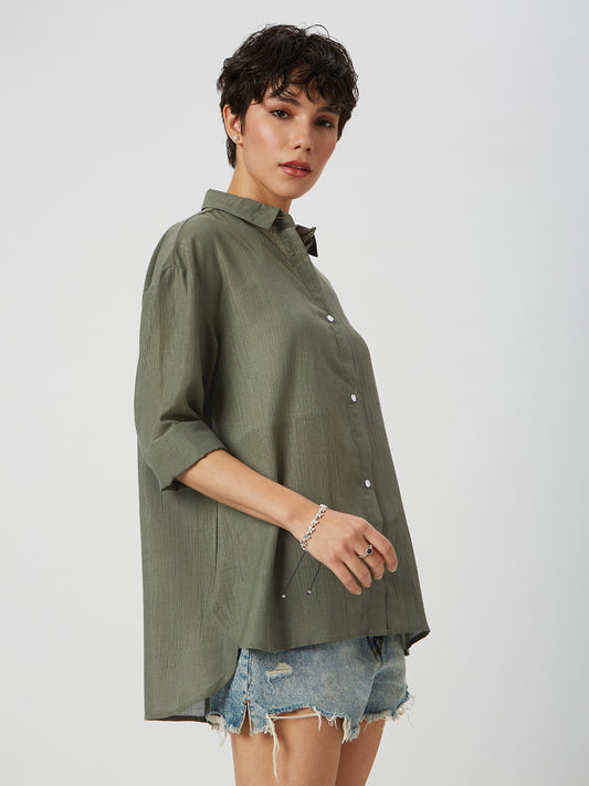 Glittery Olive Crinkled Oversized Shirt