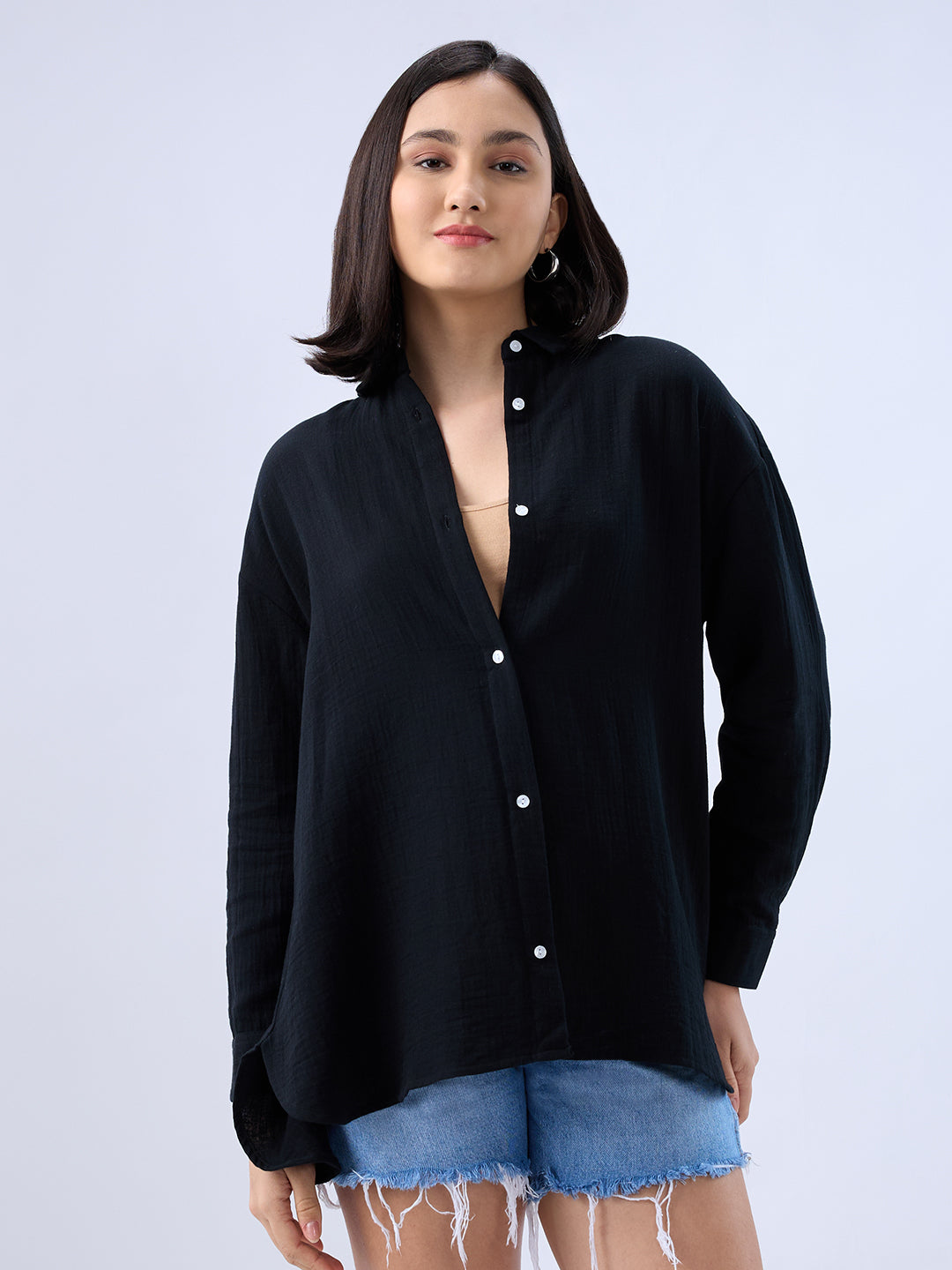Sable Black Double Cloth Oversized Shirt