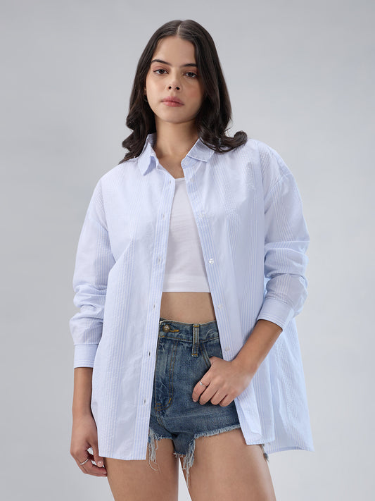 White & Blue Pin Striped Seersucker Oversized Shirt
