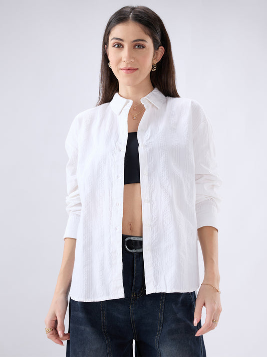 Pearl White Seersucker Oversized Shirt